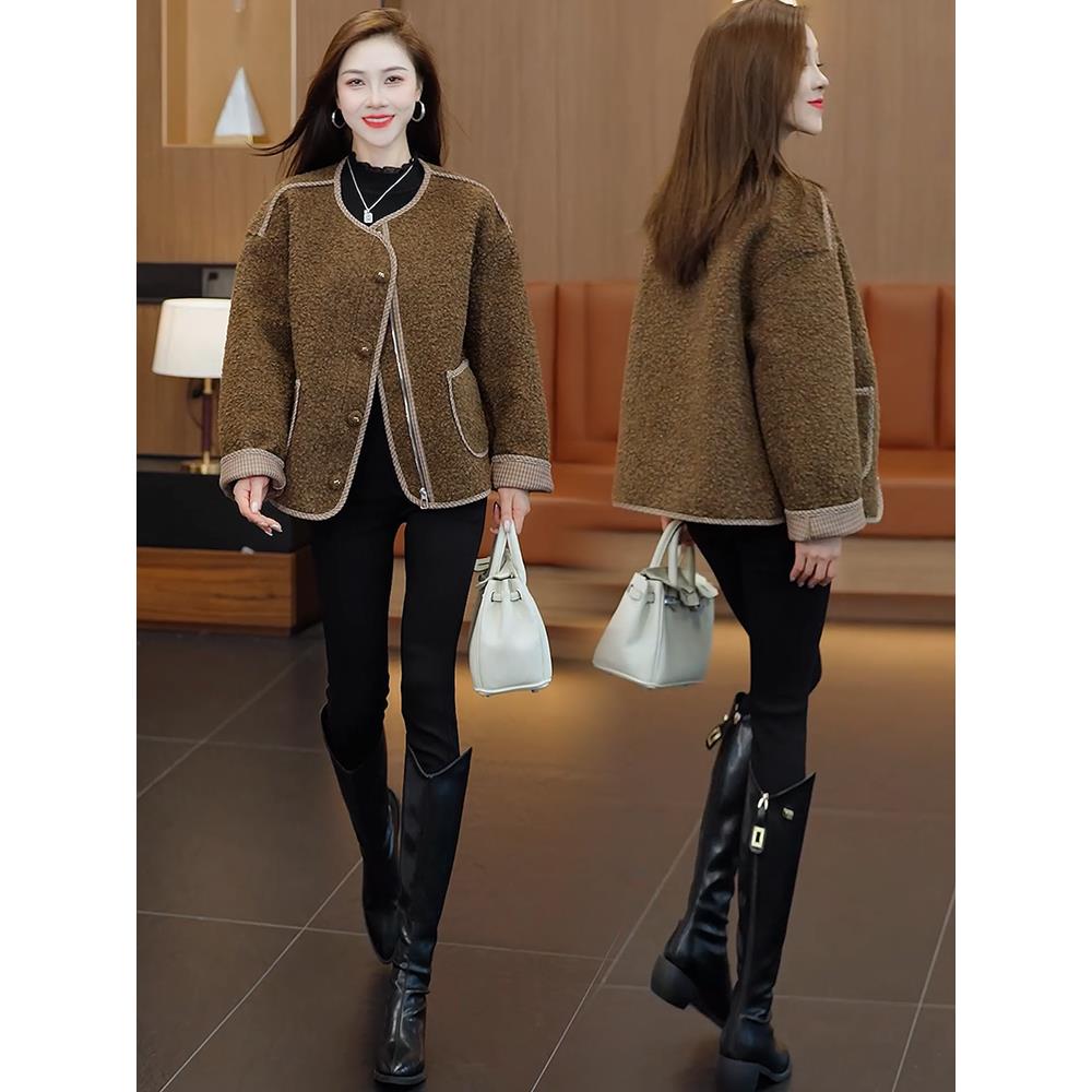 JOYIASS时尚羊羔毛短款外套女2025秋冬新款圆领百搭小个子皮毛一