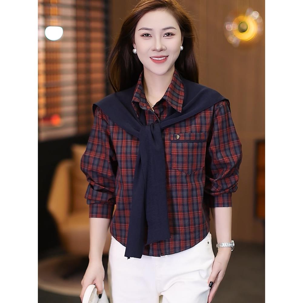 JOYIASS早秋格子衬衣女秋2025年春秋季新款宽松休闲覆古格纹衬衫