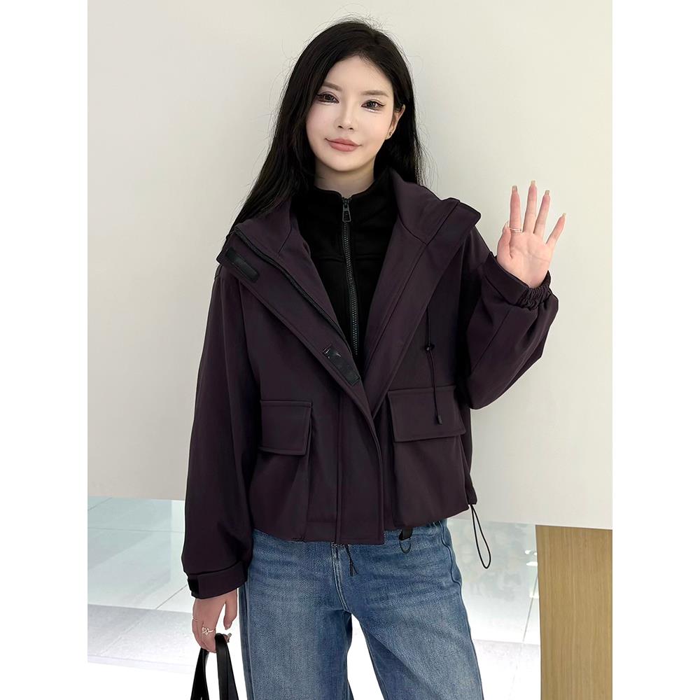 JOYIASS工装风衣短外套女秋冬季新款磨毛绒打底卫衣+冲锋衣短外套