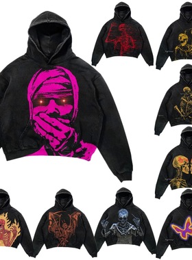 设计原宿街头服饰y2大号连帽卫衣男嘻哈哥特式长袖帽衫女印花常规
