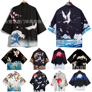 新款厂家直销跨境国风仙鹤系列羽织开衫披风3D印花宽松居家道袍男