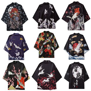 夏季新品国风仙鹤时尚新奇披风数码印花羽织开衫七分袖和服道袍