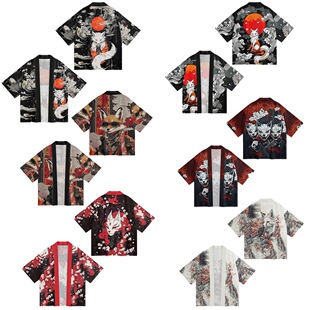 外贸日式羽织浮世绘狐狸面具3D数码印花男女开衫道袍披风华昂服饰