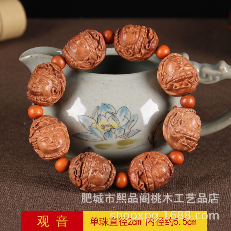 桃木貔貅手串 手工雕刻观音 关公 兽头八桃木工艺品汽车挂挡珠手