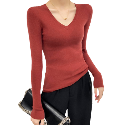 羊绒打底衫女v领长袖修身长袖