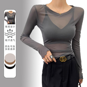 长袖 超薄透视上衣高端蕾丝内搭罩衫 t恤 女2026新款 网纱灰色打底衫