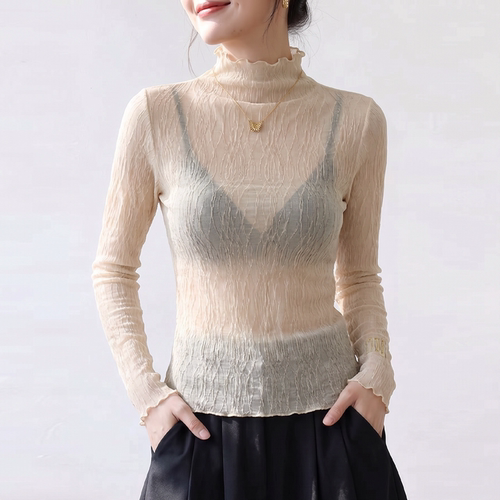 杏色高领蕾丝打底衫女秋高级感