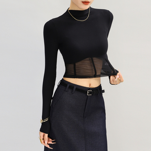 半高领蕾丝打底衫拼接内搭独特别致高端黑色网纱上衣女轻奢高级感