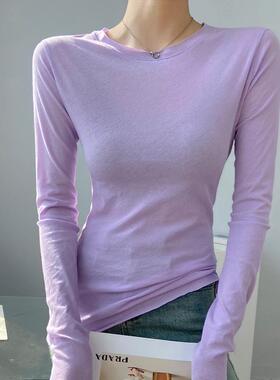 紫色圆领修身t恤女春秋打底衫可外穿百搭减龄洋气多巴胺上衣微透