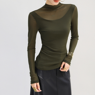 双层纱蕾丝上衣 内搭修身 网纱打底衫 女高端绿色半高领拼接秋冬长袖