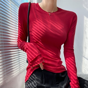 红色长袖t恤女2024新款本命年高端品牌打底衫别致甜辣很仙的上衣