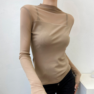 杏色半高领打底衫女2025新款秋冬蕾丝内搭轻奢高级感高端网纱上衣