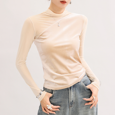 蕾丝打底衫女内搭半高领丝绒网纱