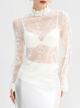 半高领蕾丝打底衫女内搭白色花边叠穿镂空透明网纱上衣轻奢高级感