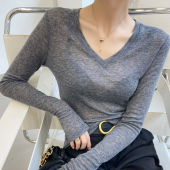 t恤薄款 高端轻奢高级感透视上衣长袖 女微透2025新款 灰色v领打底衫