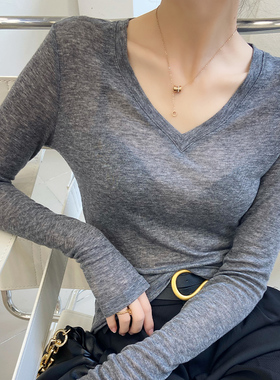 灰色v领打底衫女微透2025新款高端轻奢高级感透视上衣长袖t恤薄款