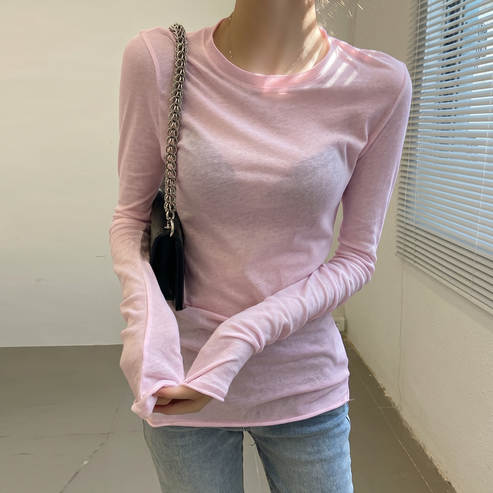 粉色上衣女2026新款减龄高级感微透面膜防晒罩衫修身长袖薄款t恤