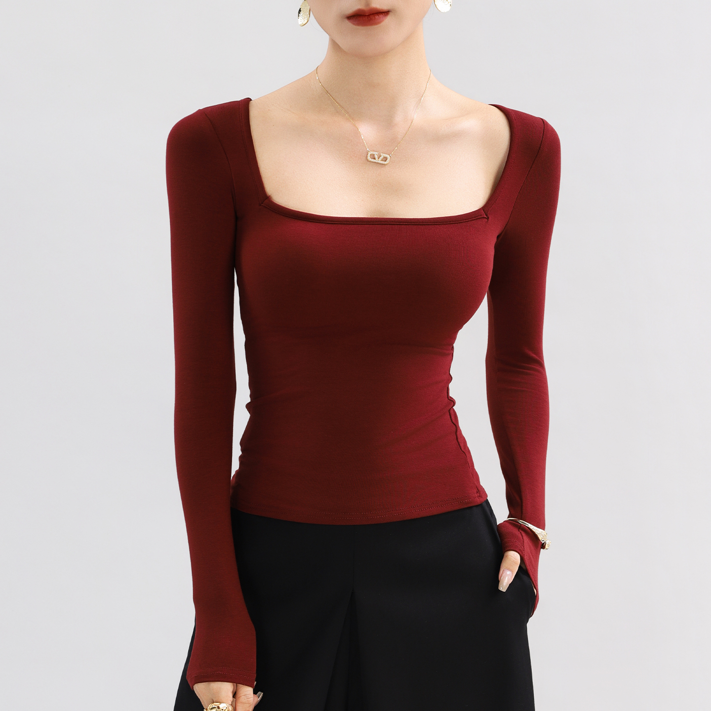 方领红色内搭打底衫女冬高级感