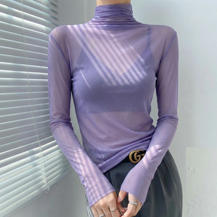 超漂亮紫色高领蕾丝打底衫2026新款女绝美罩衫薄纱透视网纱上衣薄
