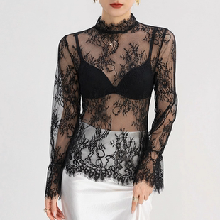 黑色半高领蕾丝花边打底衫女宽松叠穿内搭薄款透视网纱上衣高级感