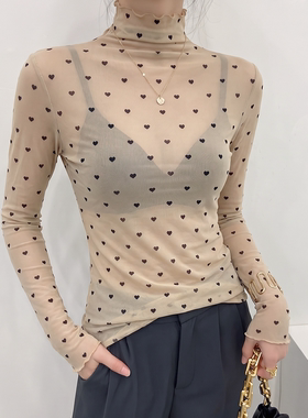 高领网纱打底衫长袖高级感木耳边