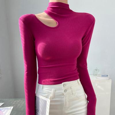 玫红色半高领打底衫女秋冬内搭