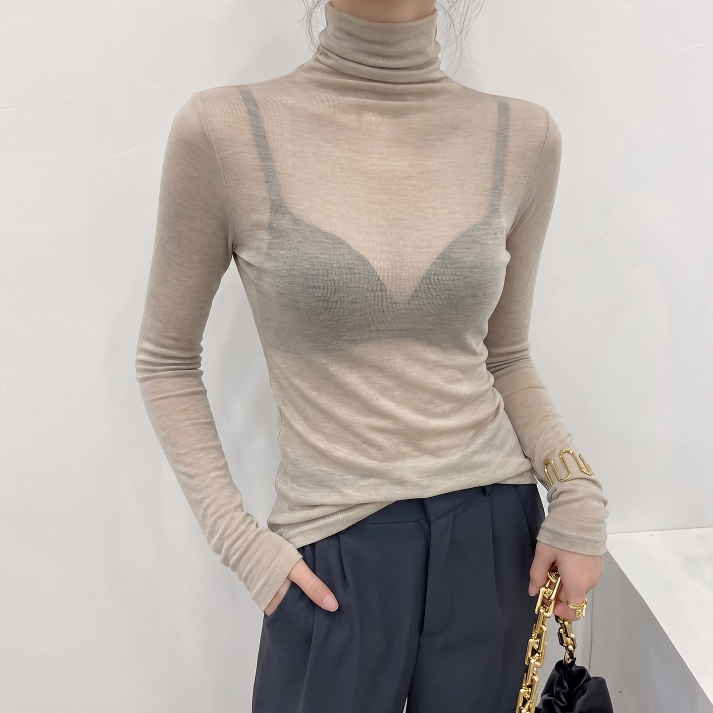 杏色高领打底衫女秋冬薄款微透长袖堆堆领内搭叠穿修身上衣高级感