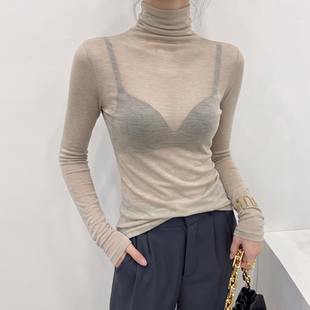 杏色高领打底衫女秋冬薄款微透长袖堆堆领内搭叠穿修身上衣高级感