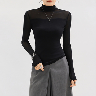 长袖 黑色半高领超好看打底衫 高档修身 正品 蕾丝上衣 女内搭高端爆款