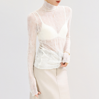 蕾丝打底衫女内搭白色高领镂空
