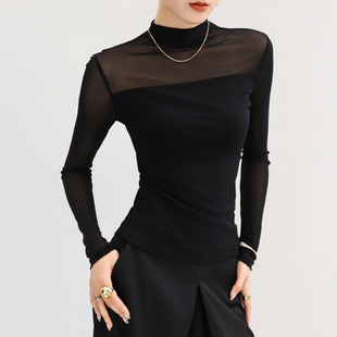黑色半高领打底衫女高端新款洋气蕾丝拼接轻熟绝美上衣轻奢高级感