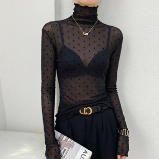 黑色高领波点蕾丝打底衫2026新款内搭绝美叠穿透视网纱上衣高级感
