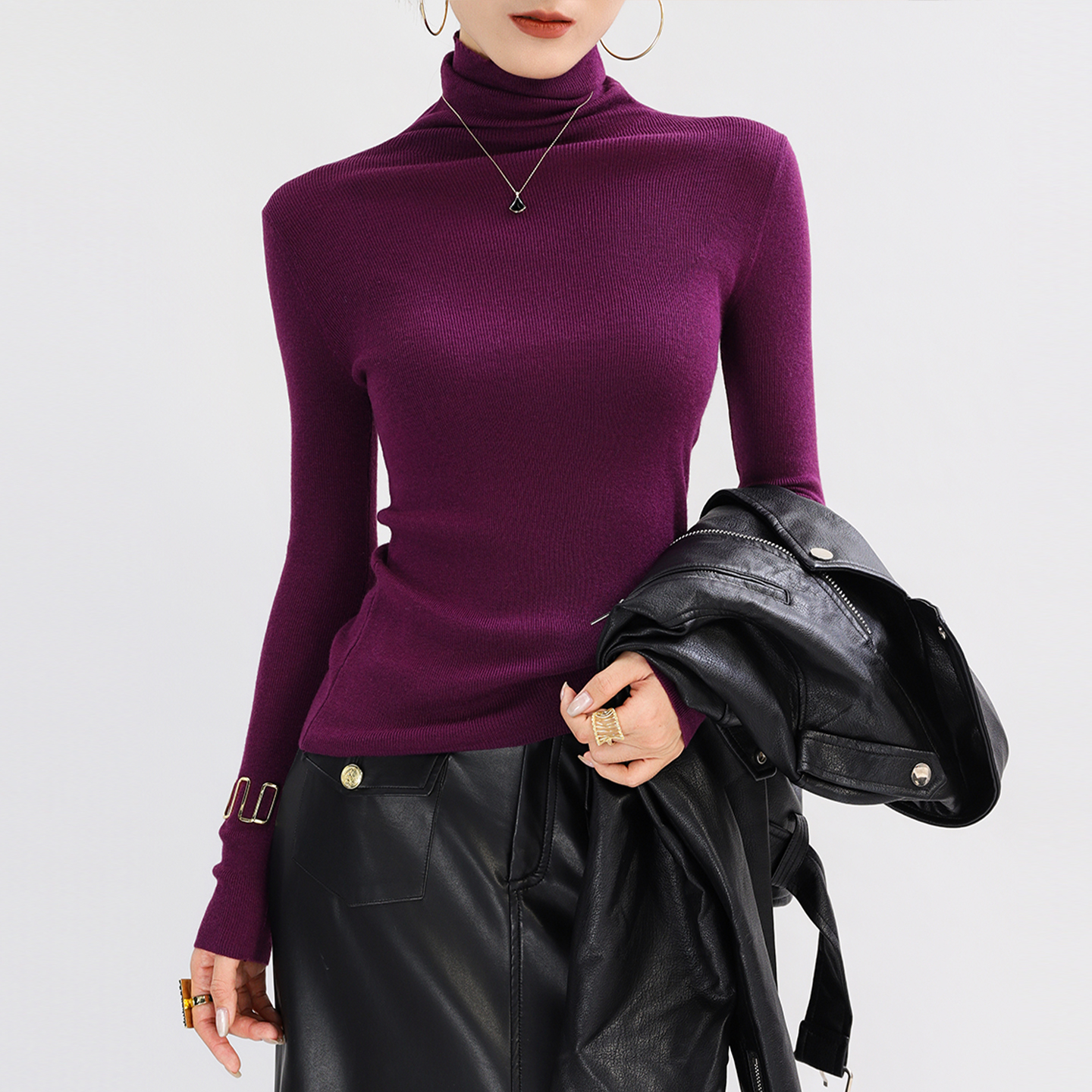 紫色高领羊毛针织打底衫修身毛衣