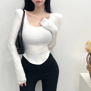 修身 女t恤正肩2026新款 收腰上衣可外穿 内搭打底衫 白色低领长袖