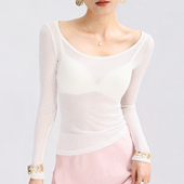 高级感防晒衣大领口长袖 网纱打底衫 女高端绝美罩衫 白色透明上衣薄