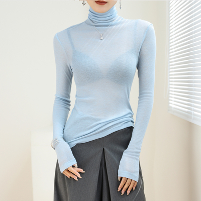 蓝色高领打底衫女高端轻奢高级感
