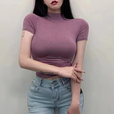 紫色高领短袖t恤女2025新款掐腰