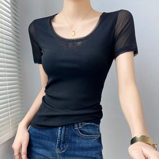 黑色u领网纱短袖t恤女2026新款漂亮独特上衣微透高级感透视打底衫