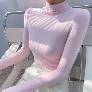双面德绒半高领打底衫女秋冬内搭粉色t恤磨毛加绒加厚上衣可外穿