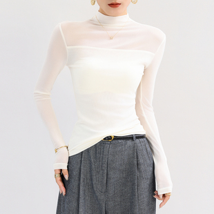 白色半高领蕾丝网纱内搭打底衫女早秋修身拼接轻熟上衣轻奢高级感