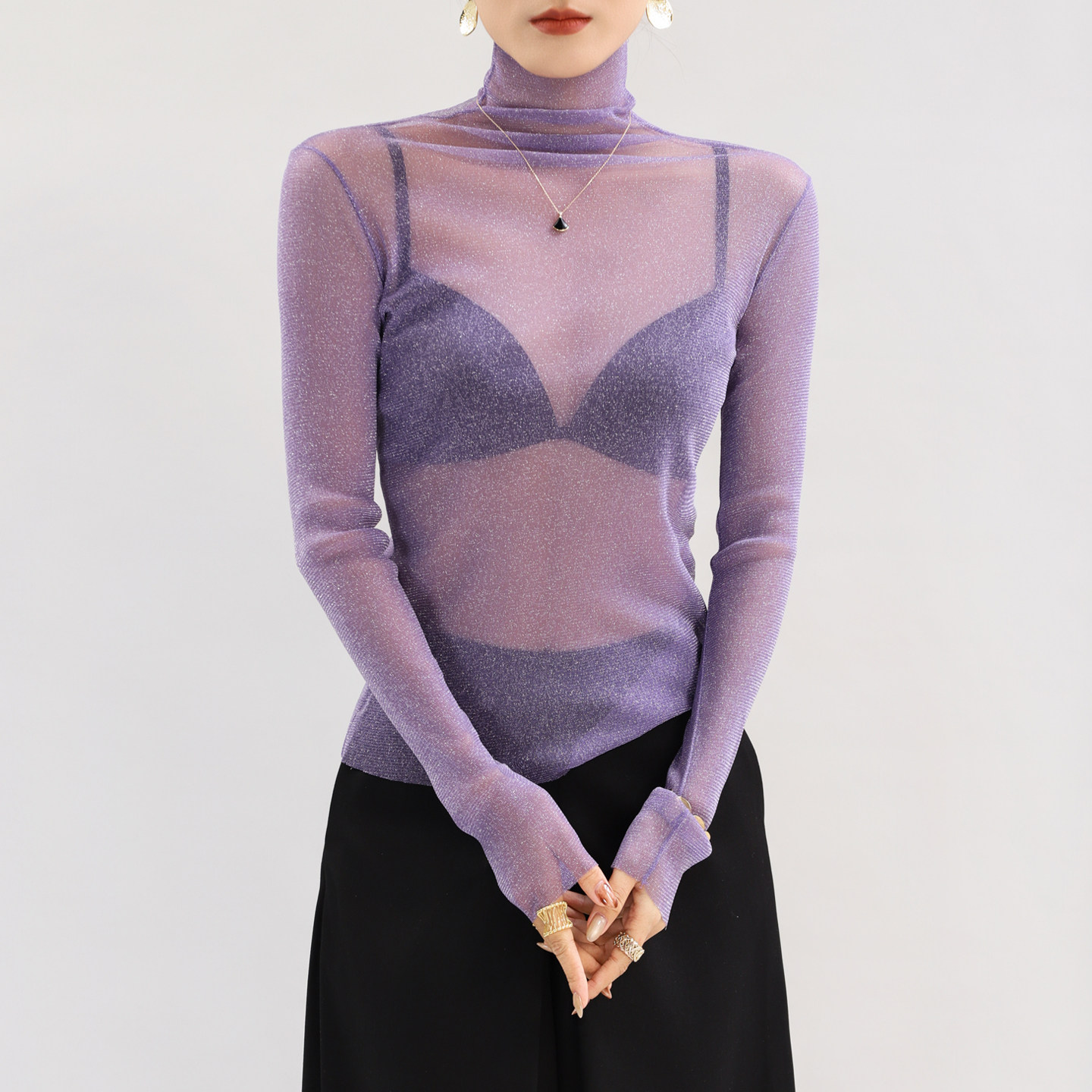 紫色高领内搭绝美打底衫女蕾丝网纱叠穿内搭独特超好看上衣高级感,女装/女士精品,蕾丝衫/雪纺衫,淘宝优惠券,粉丝福利购,淘宝优惠卷