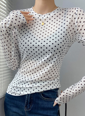 波点白色圆领女士t恤初夏防晒罩衫透明网纱上衣可外穿薄款打底衫