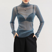 高领蕾丝打底衫 女内搭蓝色独特漂亮可外穿透明网纱上衣轻奢高级感