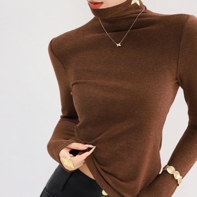 高领双面德绒打底衫女可外穿咖色