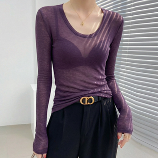 超好看紫色低领打底衫女内搭可外穿洋气u领微透网纱上衣高级感薄
