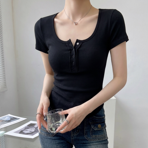 黑色u领短袖t恤女夏正肩紧身上衣