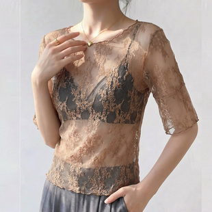 咖色蕾丝短袖上衣女夏2026新款高级感绝美喇叭袖镂空薄款网纱t恤