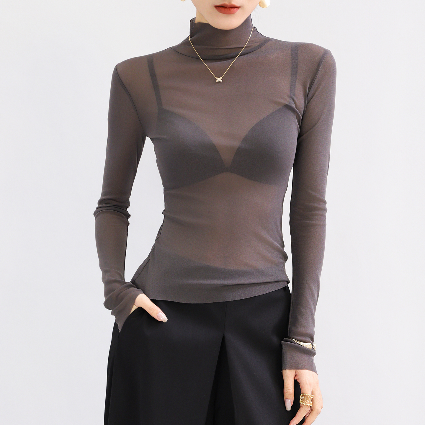 高领灰色打底衫女内搭可外穿薄款