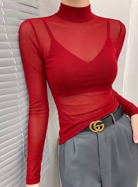 超好看红色网纱打底衫女内搭