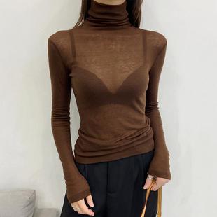 咖色美拉德高领打底衫女薄款2025新款透视内搭堆堆领洋气上衣微透